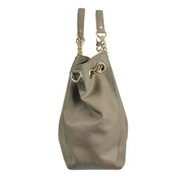 BEBE Tote Shopper Bag Lg Vegan Leather Gold Tone Chain Dark Beige Style Whitney
